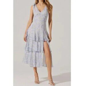 ASTR The Label Tiered Shoulder Tie Purple Floral Tiered Dress Medium